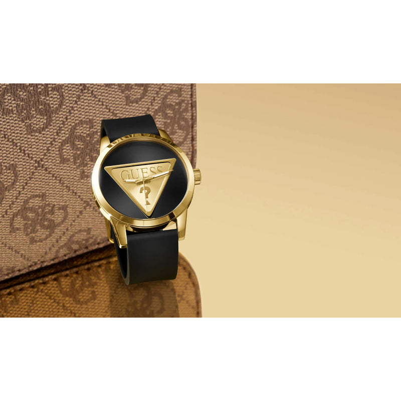 GUESS BADGE BLACK GOLD TONE